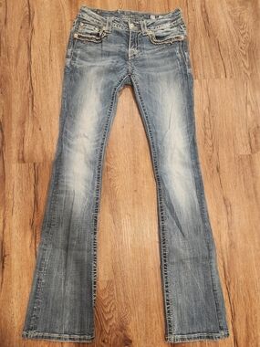 Miss Me Faded Blue Flare Jeans with Subtle Whiskering